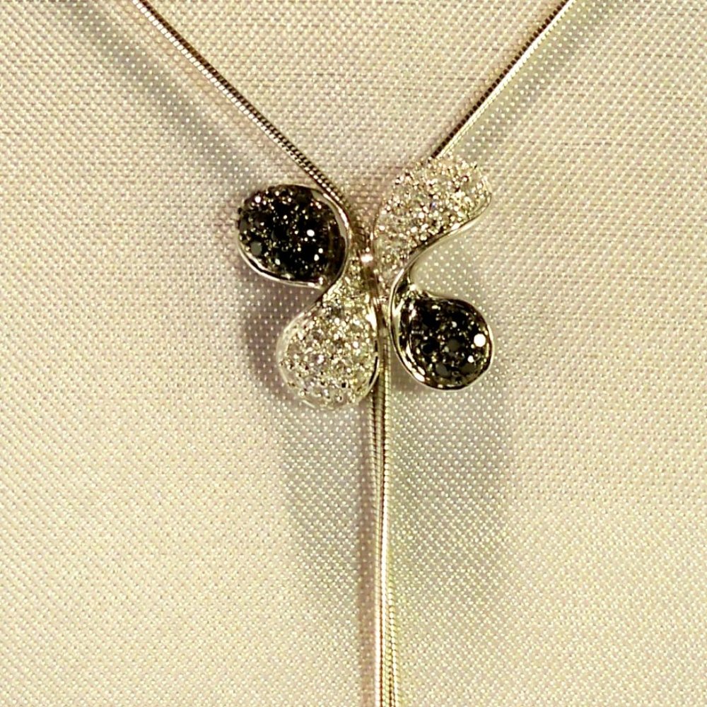 NEW Butterfly Black & Clear Cubic Zirconias Silver Vintage DESIGNER Necklace